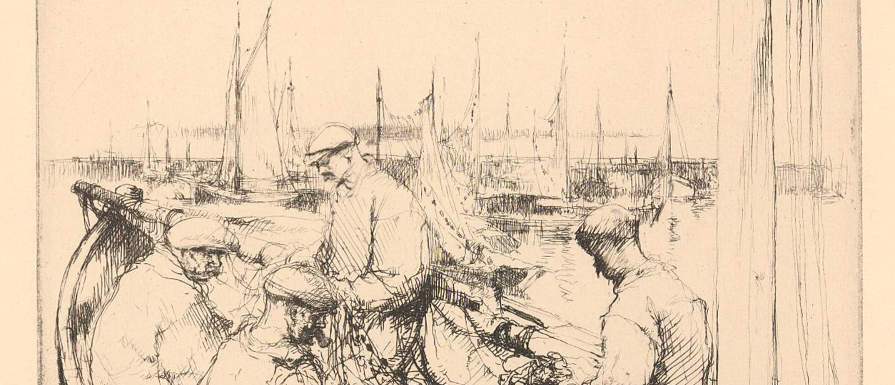 men mending fish nets on boat