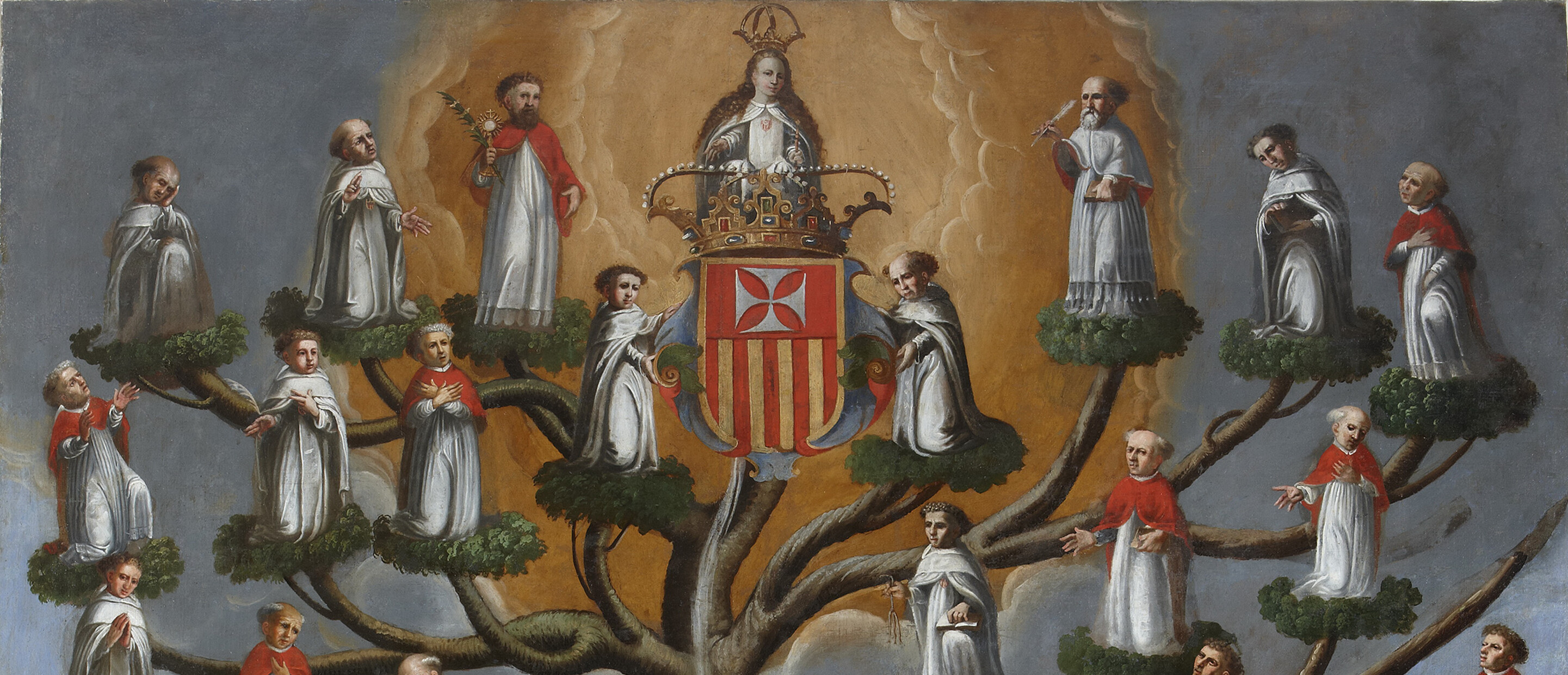 tree with people in robes on each branch. tree sits on man lying down in white robe