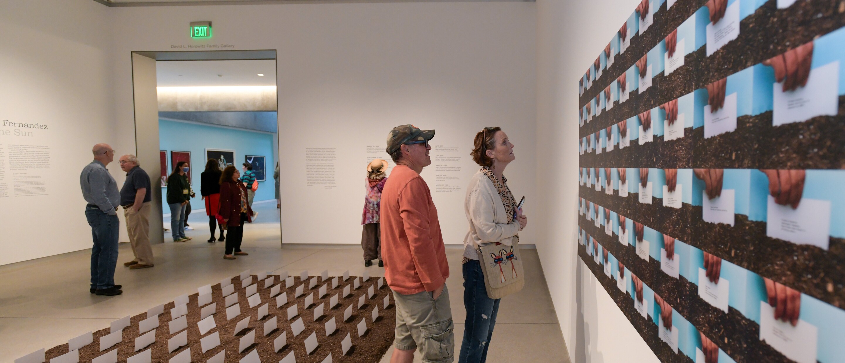 two people look at a photo collage on the wall