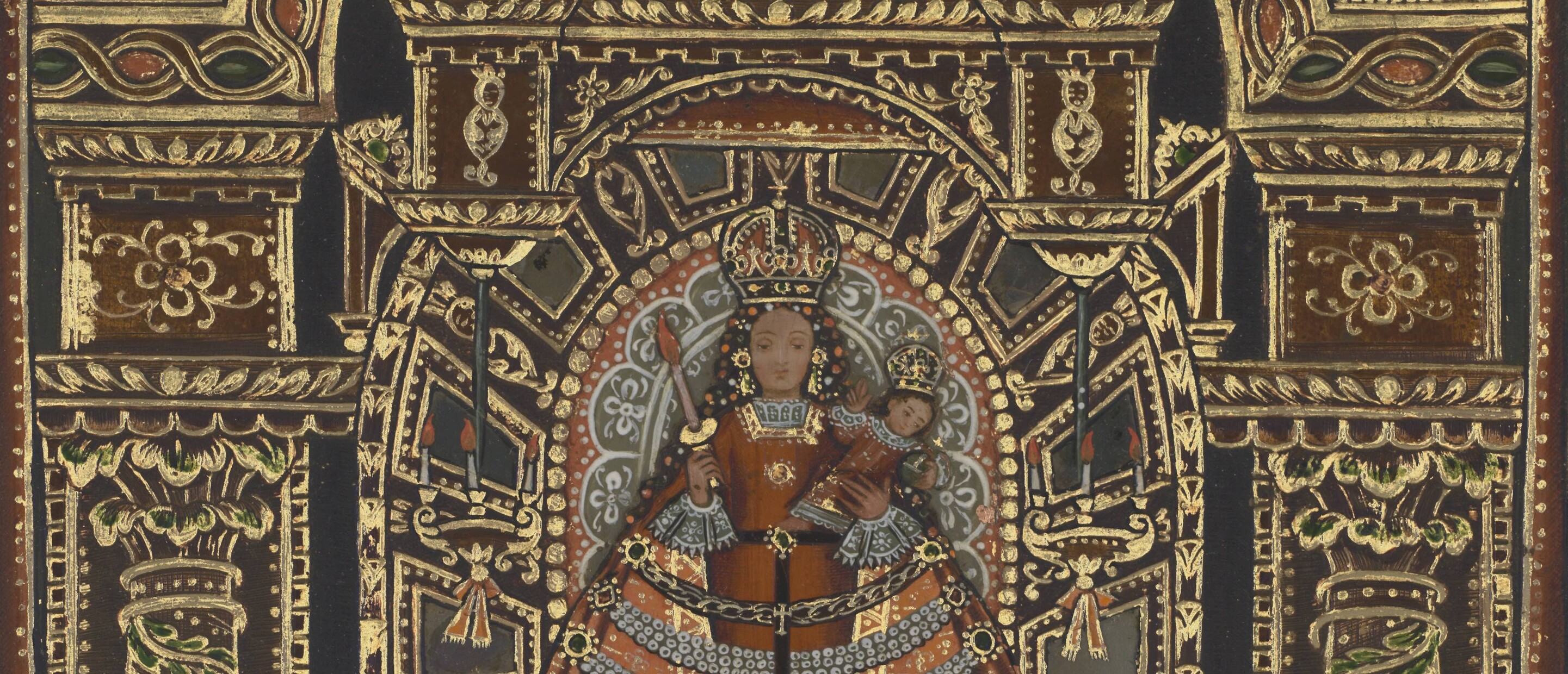 intricate gold and brown painting with woman in center and two males in bottom corners