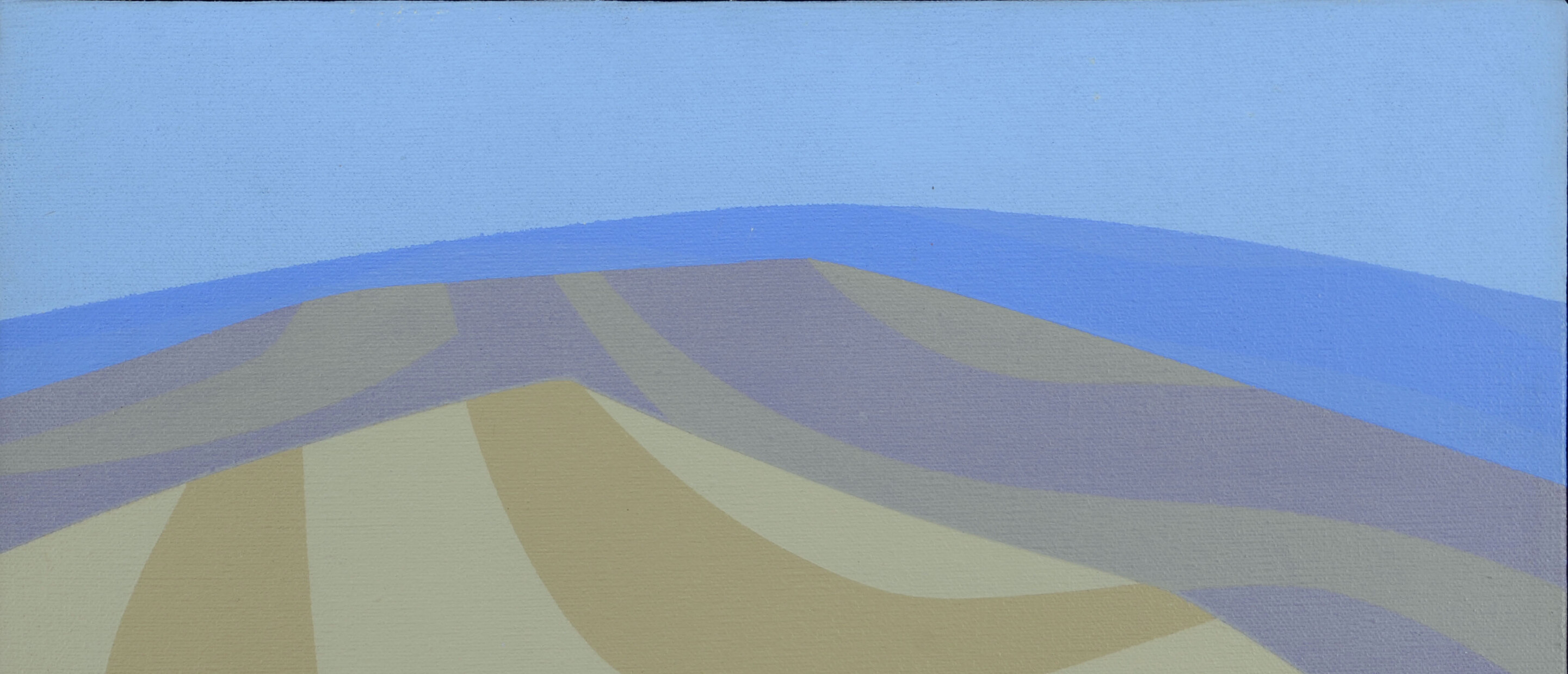 landscape painting of hills in blue, purple, and beige