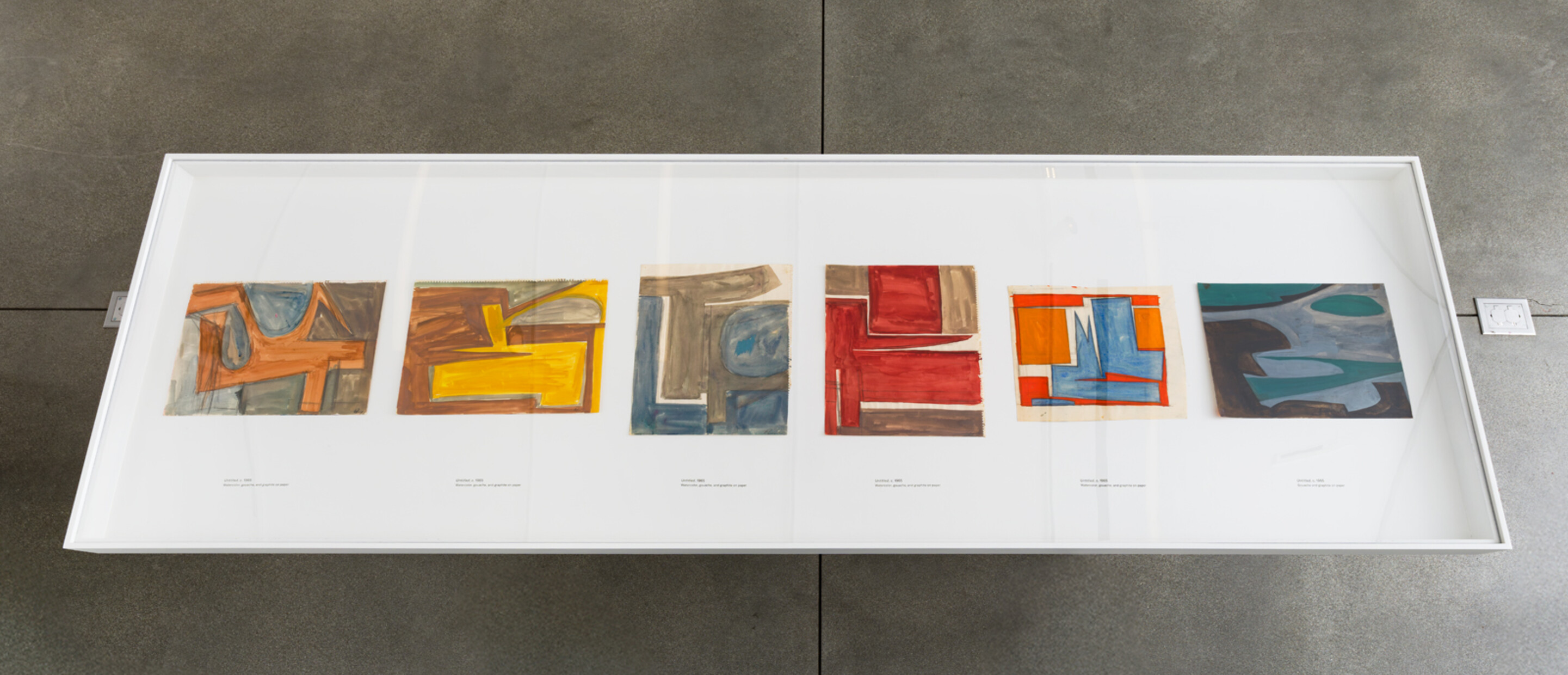 birds' eye view of watercolor works on vitrine