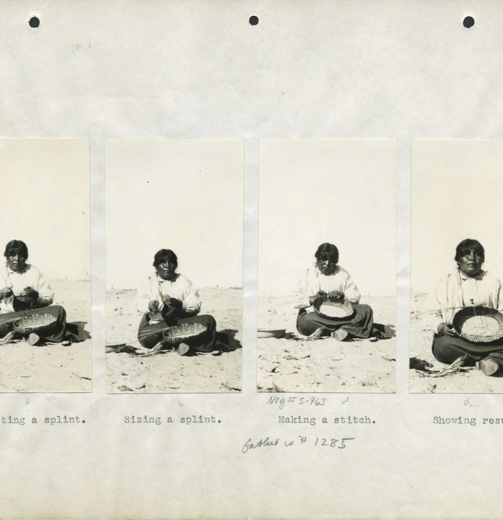 four photographs of a woman making a basket