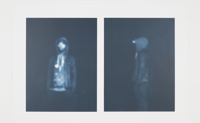Diptych monochromatic image of fuzzy figure in hoodie