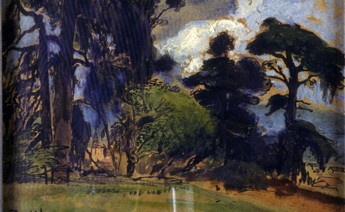 Landscape with trees on a mound of grass
