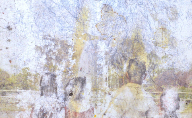 Abstracted scene with people in a artwork 