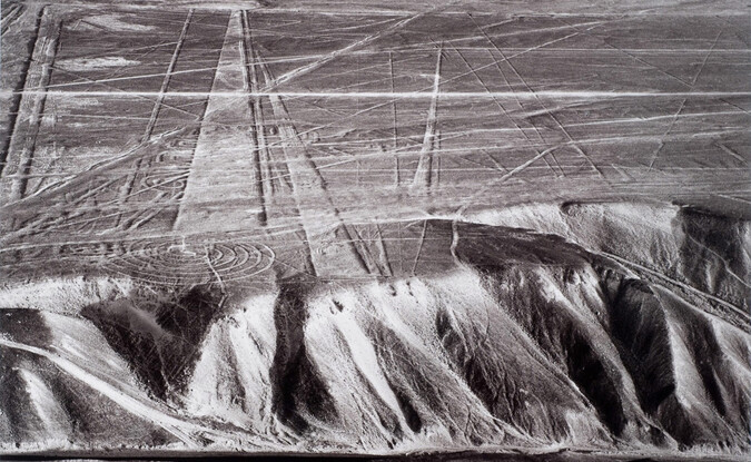 Marilyn Bridges, Spiral, Lines and Pan Am Highway, Nazca, Peru, 1987, 11 x 14 in. Gelatin Silver Print on Paper. Pomona College Collection. Gift of Doug and Joan Hansen. 