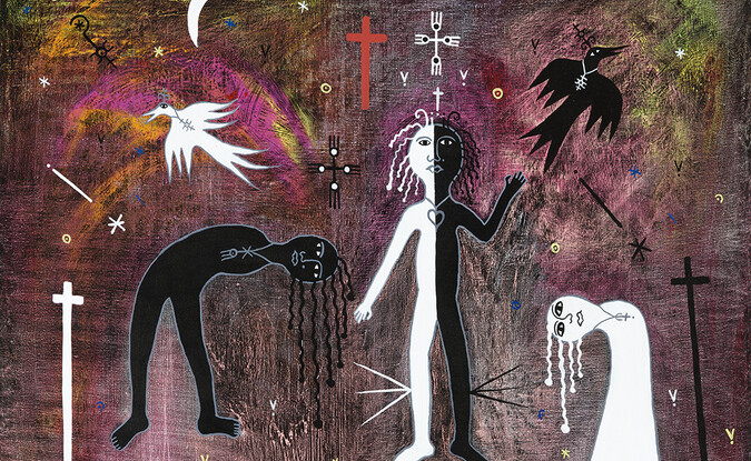 Stivenson Magloire, Divided Spirit, ca. 1989. Acrylic on canvas. "Restoring the Spirit: Celebrating Haitian Art" has been curated by Rima Girnius, originated by the Figge Art Museum, and toured by Curatorial Assistance, Pasadena, California. 