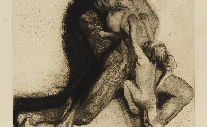 Käthe Kollwitz, Tod and Frau (Death Seizing a Woman), 1910, 17 1/2 x 17 in. Etching on paper. Pomona College Collection. Gift of the Culley Collection 