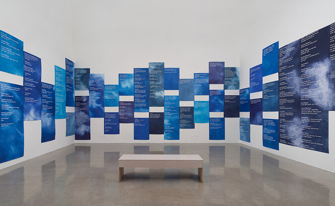 Andrea Bowers. Installation view and detail of Courtroom Drawings (Steubenville Rape Case, Text Messages Entered As Evidence, 2013), 2014 from Andrea Bowers: #sweetjane, at The Pomona College Museum of Art, Claremont CA, January 21 - Apr