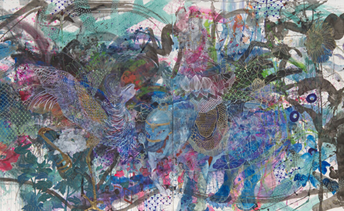 Wakana Kimura, One trifle-beset night, t’was the moon, not I, that saw the pond lotus bloom, 2015, watercolor, Sumi ink, marker, acrylic color, venial color on Washi paper (Daitoku roll, machine made in Fukui Prefecture, Japan, Hiromi Paper Inc. 98 x 308 