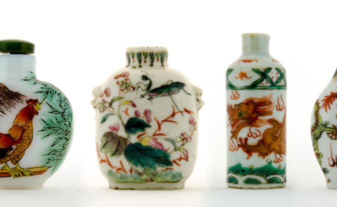 “Miniature Worlds” displaying some of the 180 snuff bottles