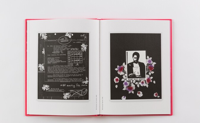 Open book with artworks on both pages