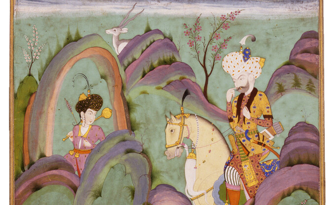narrative scene with people on horseback and outdoors