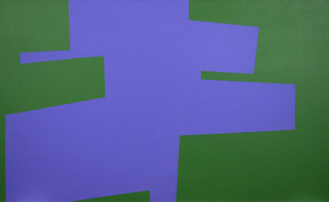 green painting with blue rectangular shapes in the center