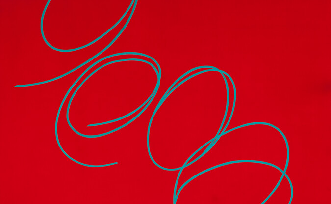 red painting with blue looping lines