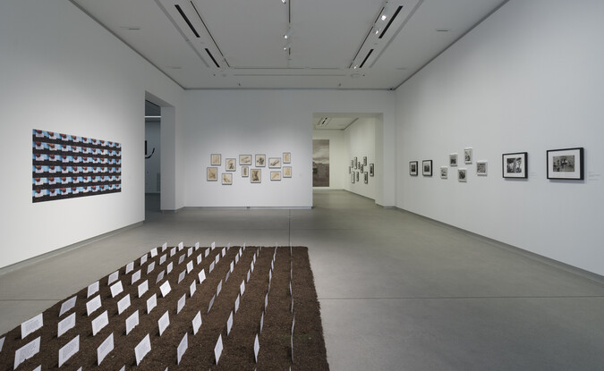 room with photographs on walls and dirt installation in the foreground