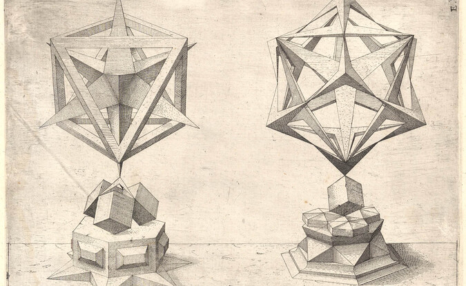 etching of two geometric shapes from different perspectives