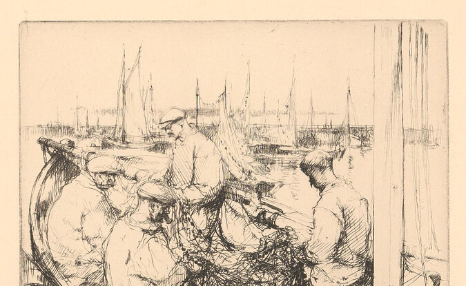 men mending fish nets on boat