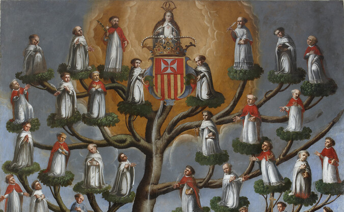 tree with people in robes on each branch. tree sits on man lying down in white robe