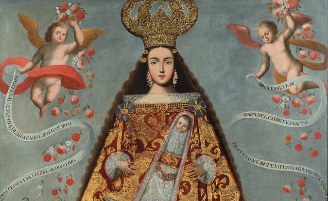 woman in triangular robes with angels and male