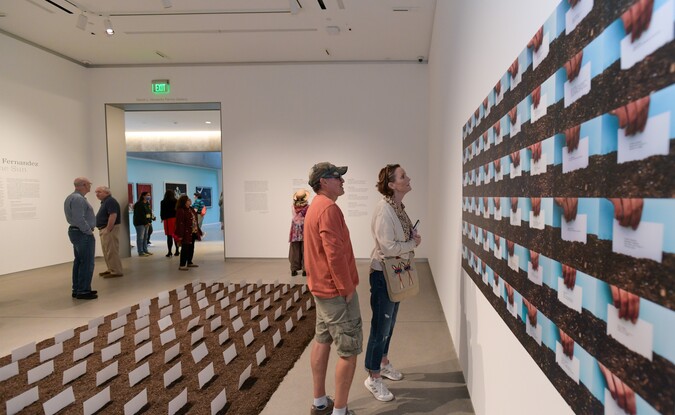 two people look at a photo collage on the wall