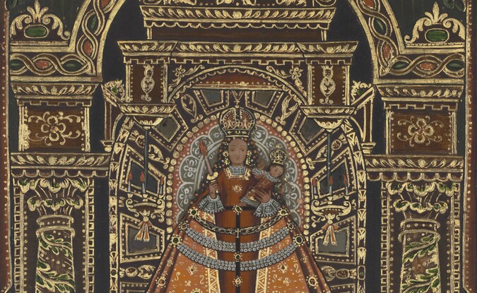 intricate gold and brown painting with woman in center and two males in bottom corners