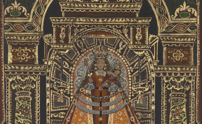 intricate gold and brown painting with woman in center and two males in bottom corners