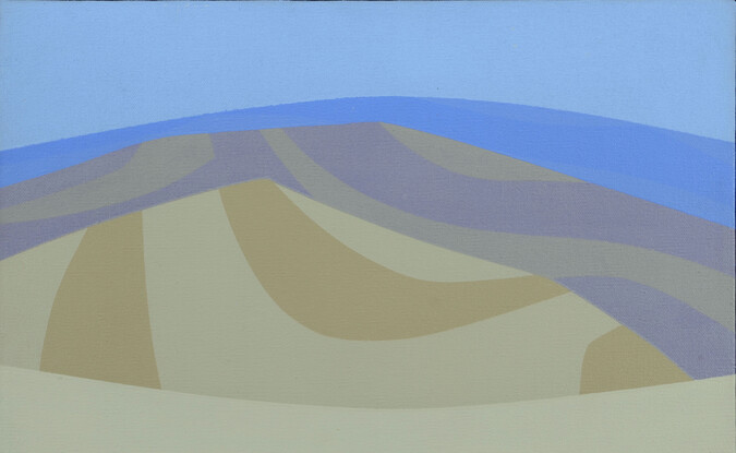 landscape painting of hills in blue, purple, and beige