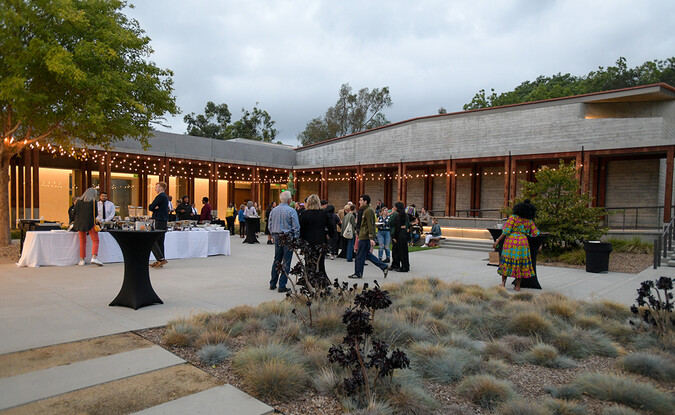 Outdoor courtyard gathering of people