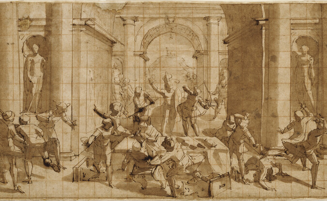 scene of unfinished figures and architectural features