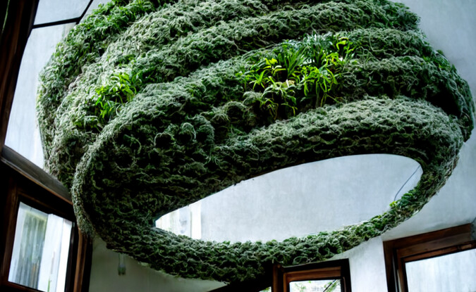 AI generated image of knitted sculpture with plants