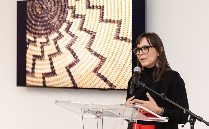 woman talking in front of microphone and screen