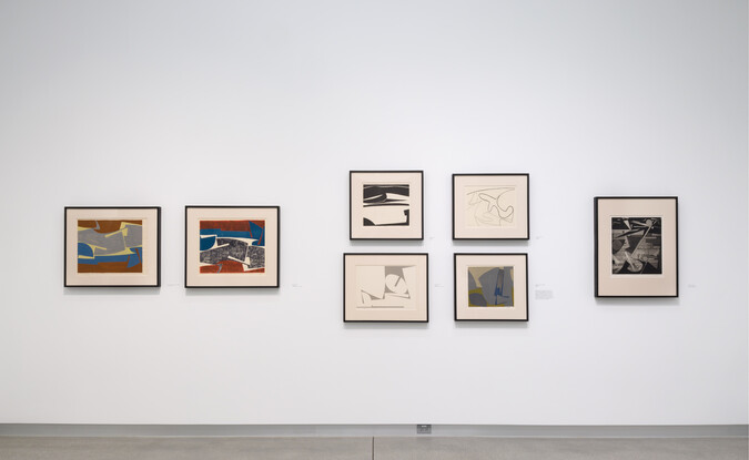 wide shot of framed works on white wall