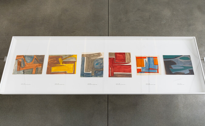 birds' eye view of watercolor works on vitrine