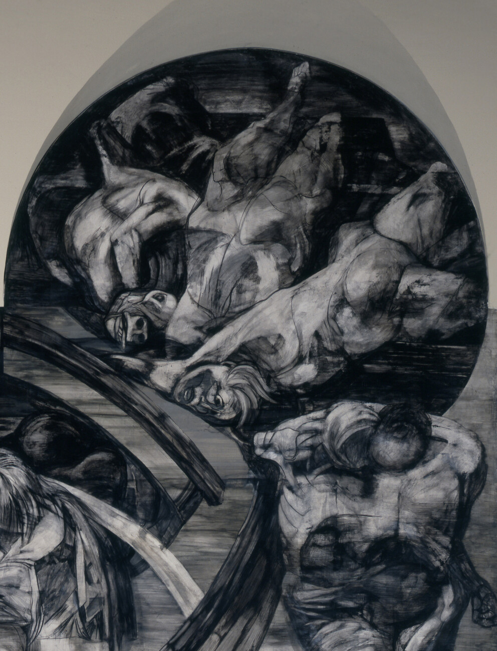 Monochromatic segment of the Genesis mural showing various figures in agony