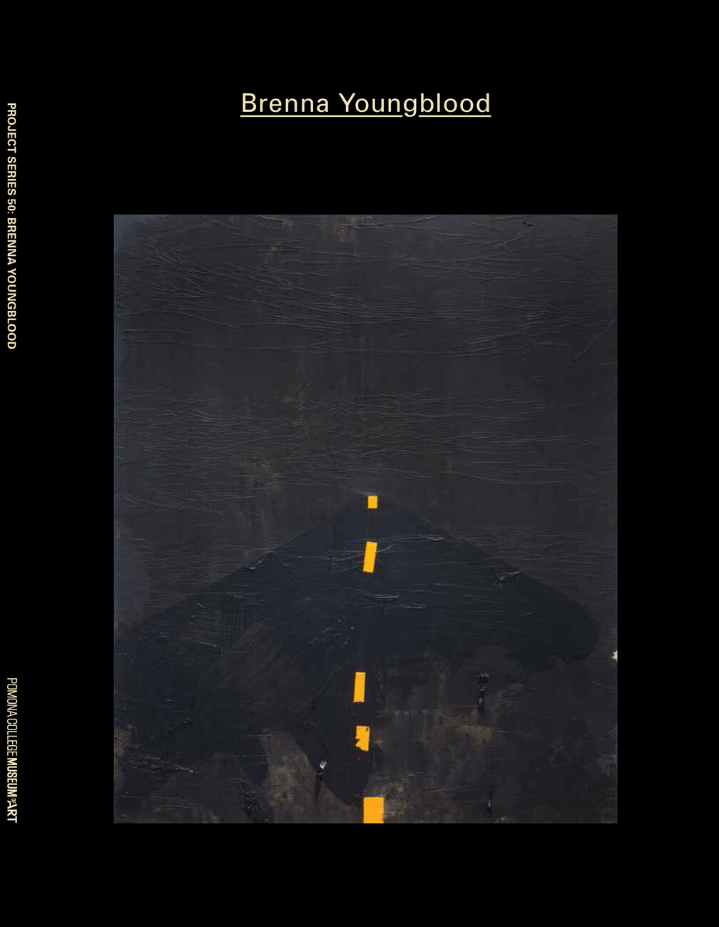 Catalogue cover for Brenna Youngblood exhibition with work of art with yellow disconnected stripes against black backdrop