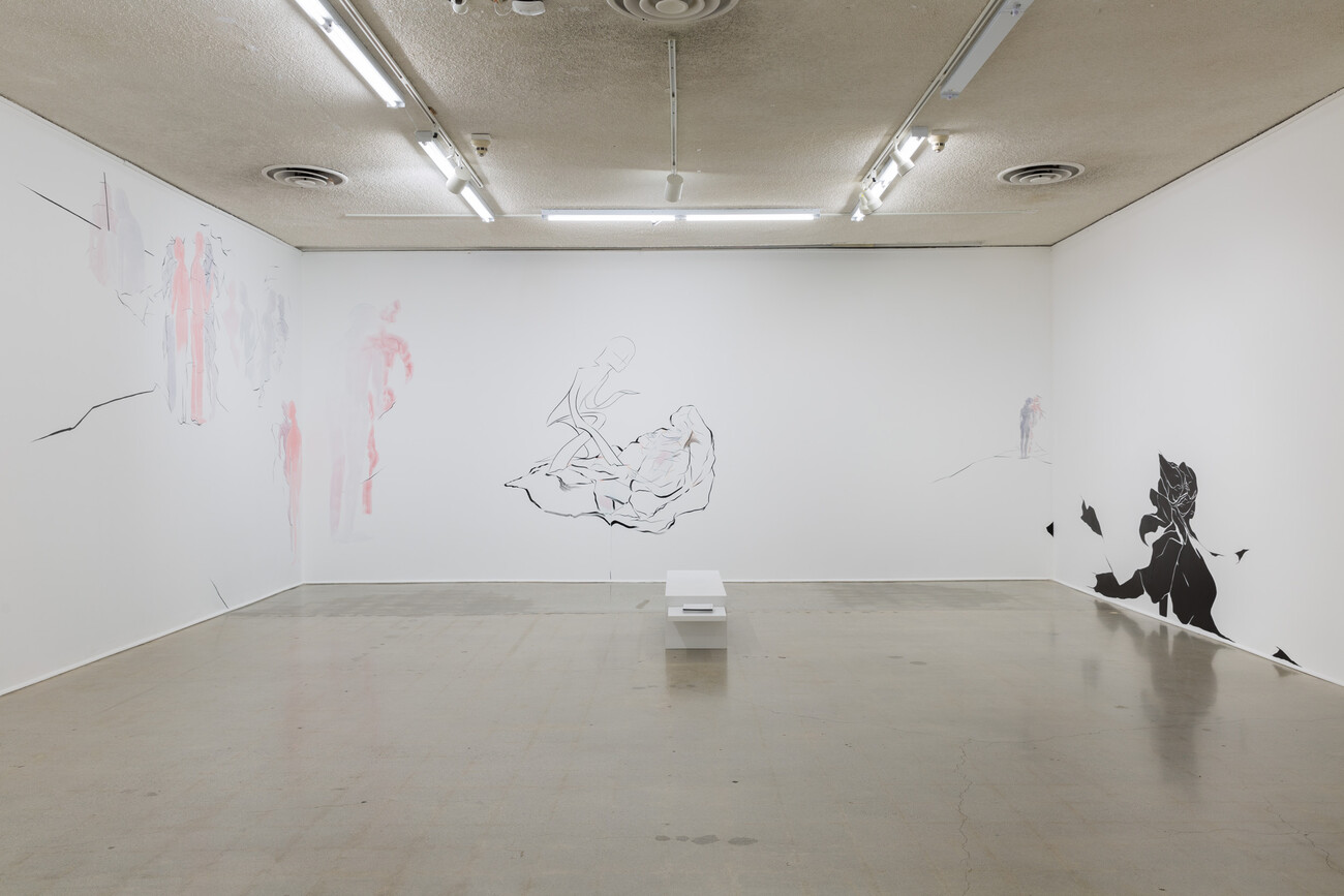 Installation view of wall drawings on all sides of the gallery walls