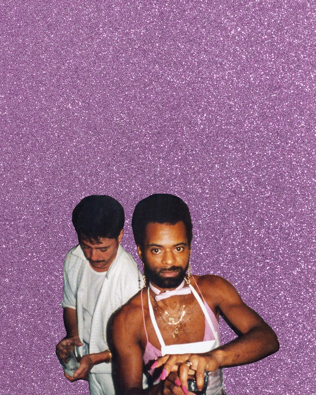 Portrait of 2 people again glittery pink background