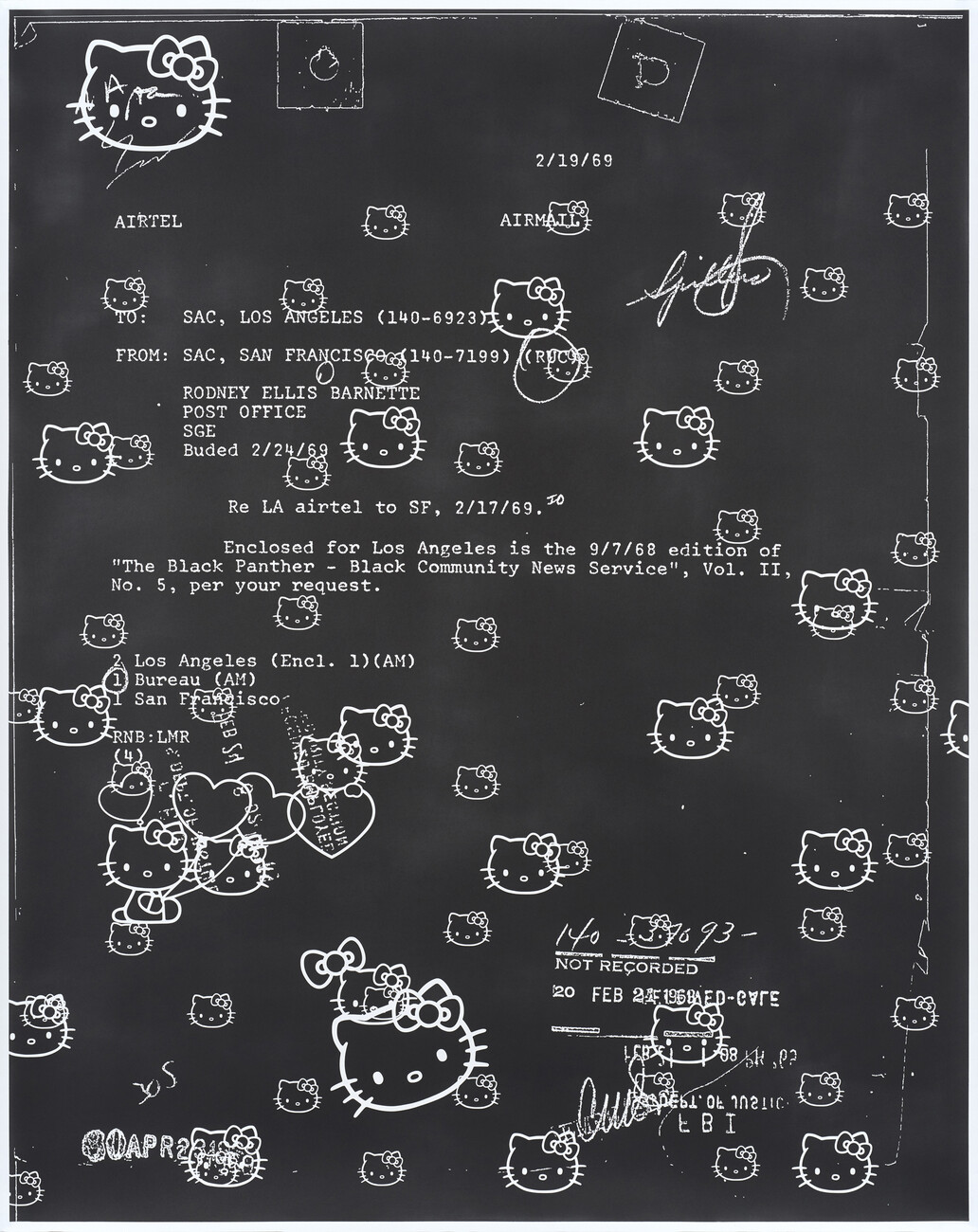 Photocopy of text file with adornment in shape of Hello Kitty