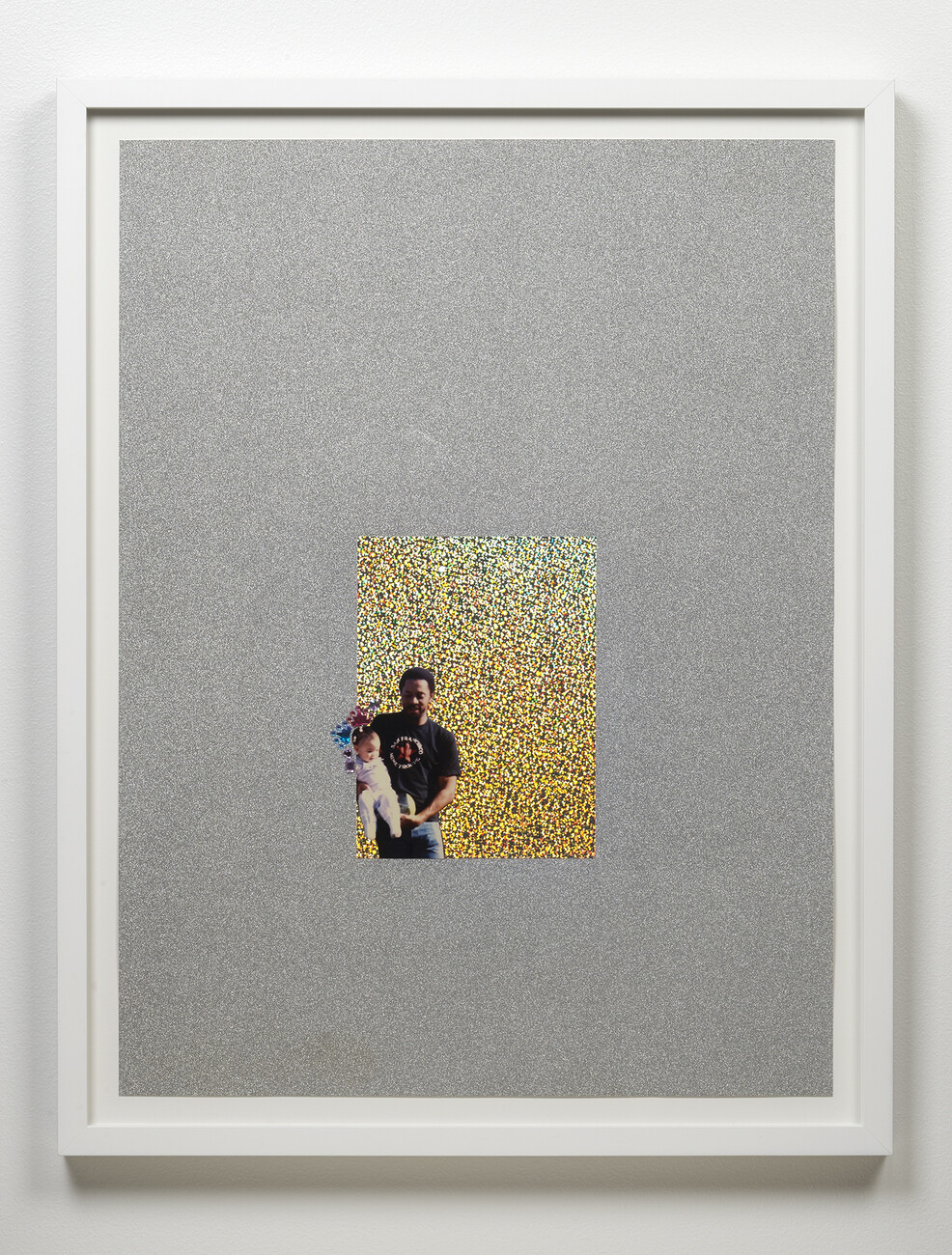 Montage of photo against gold glittered background against larger gray shimmered background