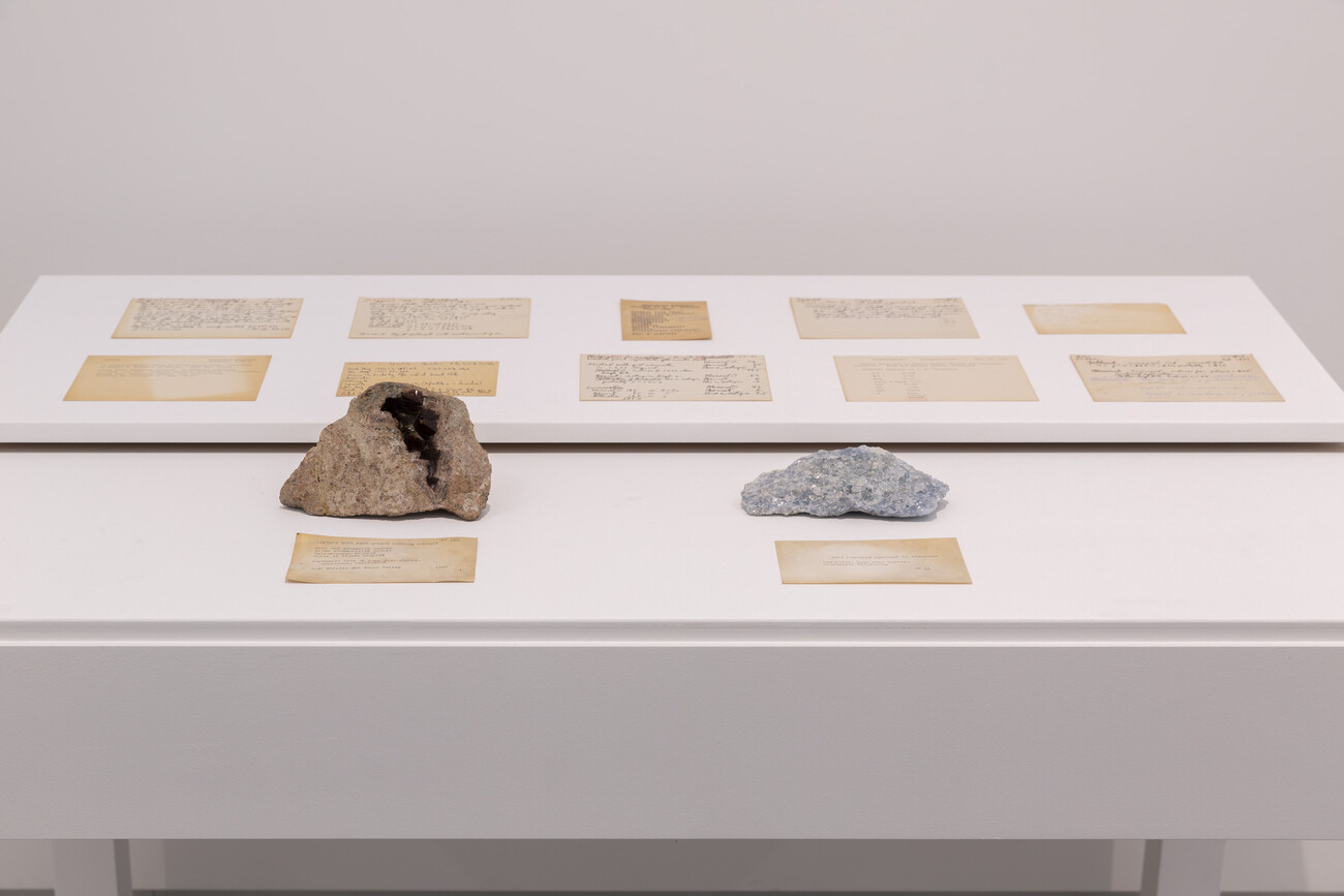 Geological specimens and cards presented in a gallery space