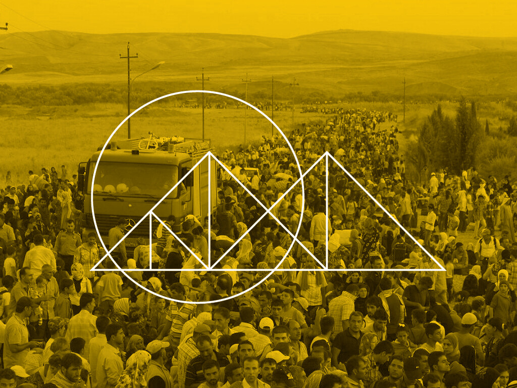 Yellow colorized photograph of a mass of people with white graphic in center