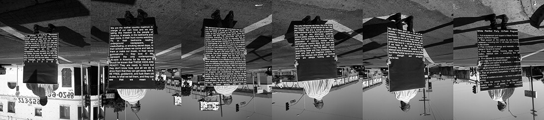 Justin Cole, 41st and Central (White Panther Party), 2014-15, Six silver gelatin prints mounted on plywood, 20 x 96 inches total; prints: 20 x 16 inches each. Courtesy of the artist.