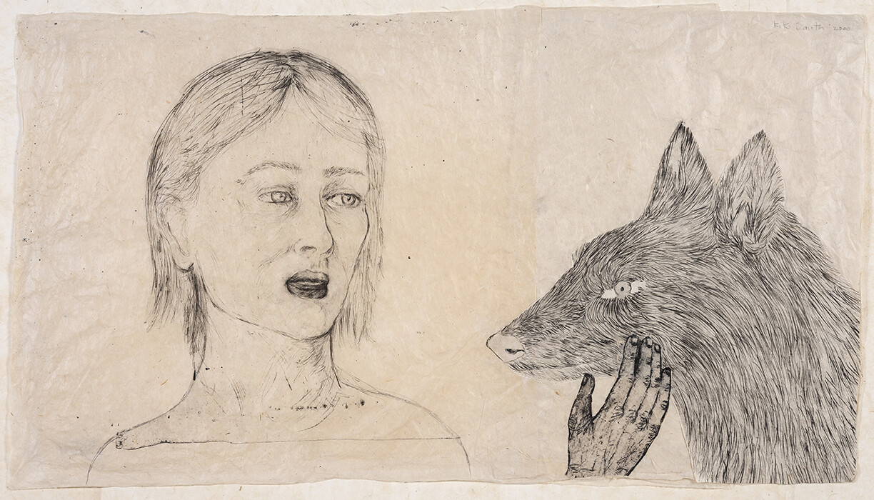 Drawing of human bust next to wolf-like animal with extended hand
