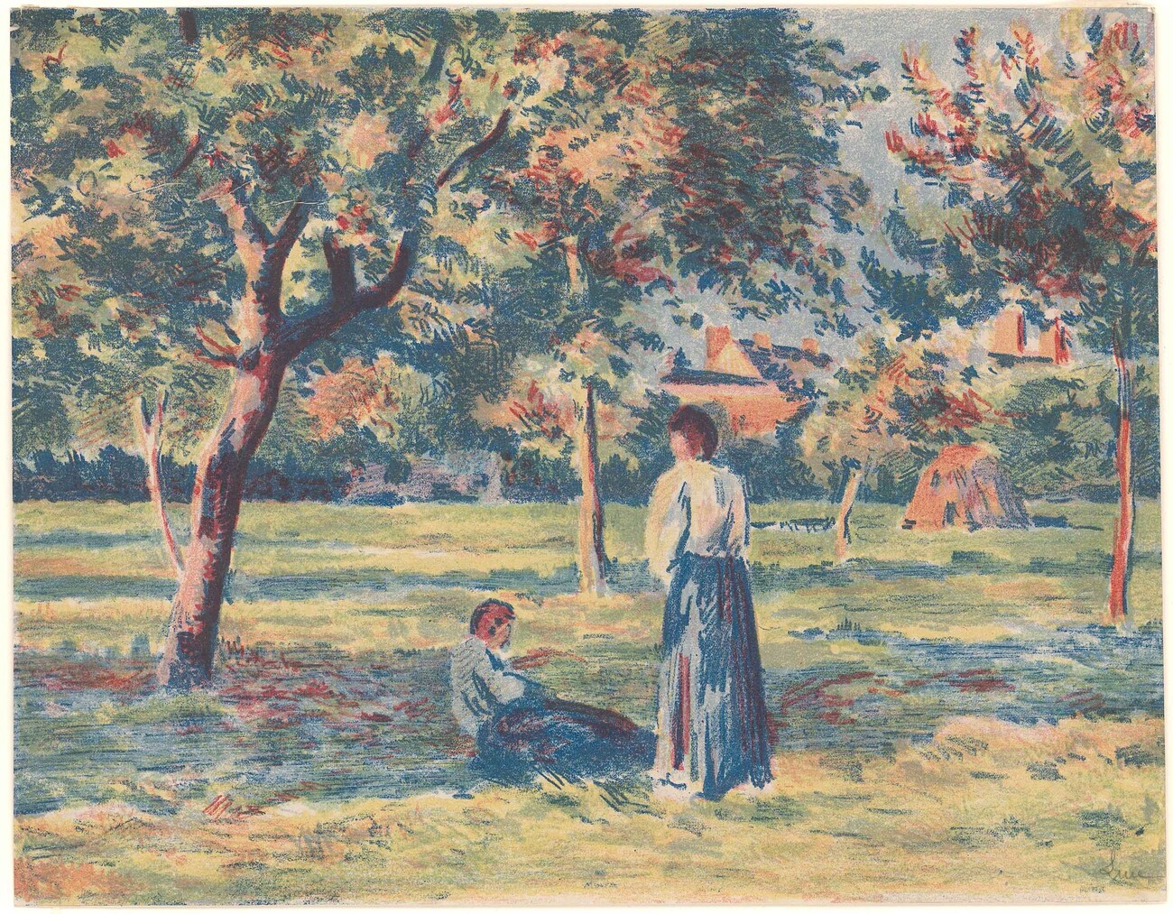 Two figures one sitting and other standing outdoors amongst trees