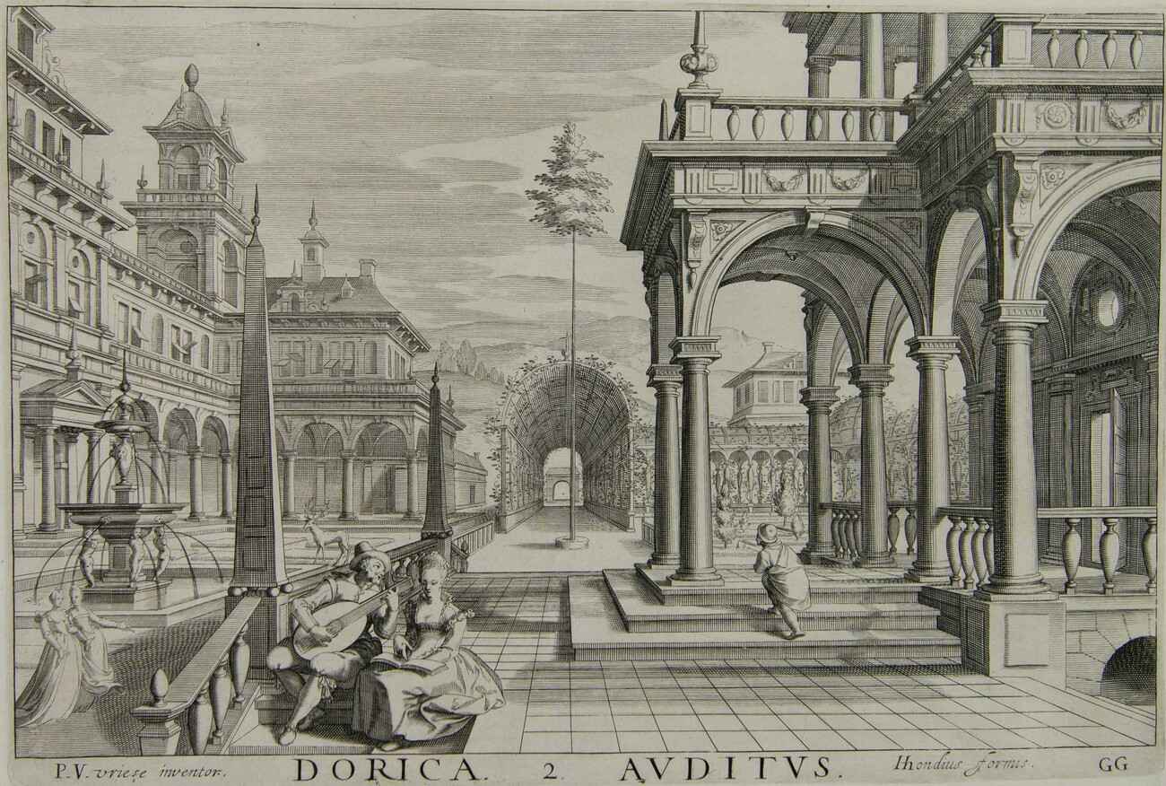 Etching in black and white of people within outdoor architectural scene