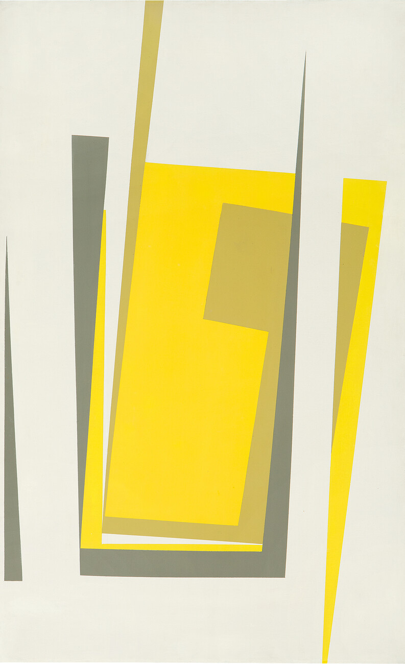painting of yellow and gray triangles and squares