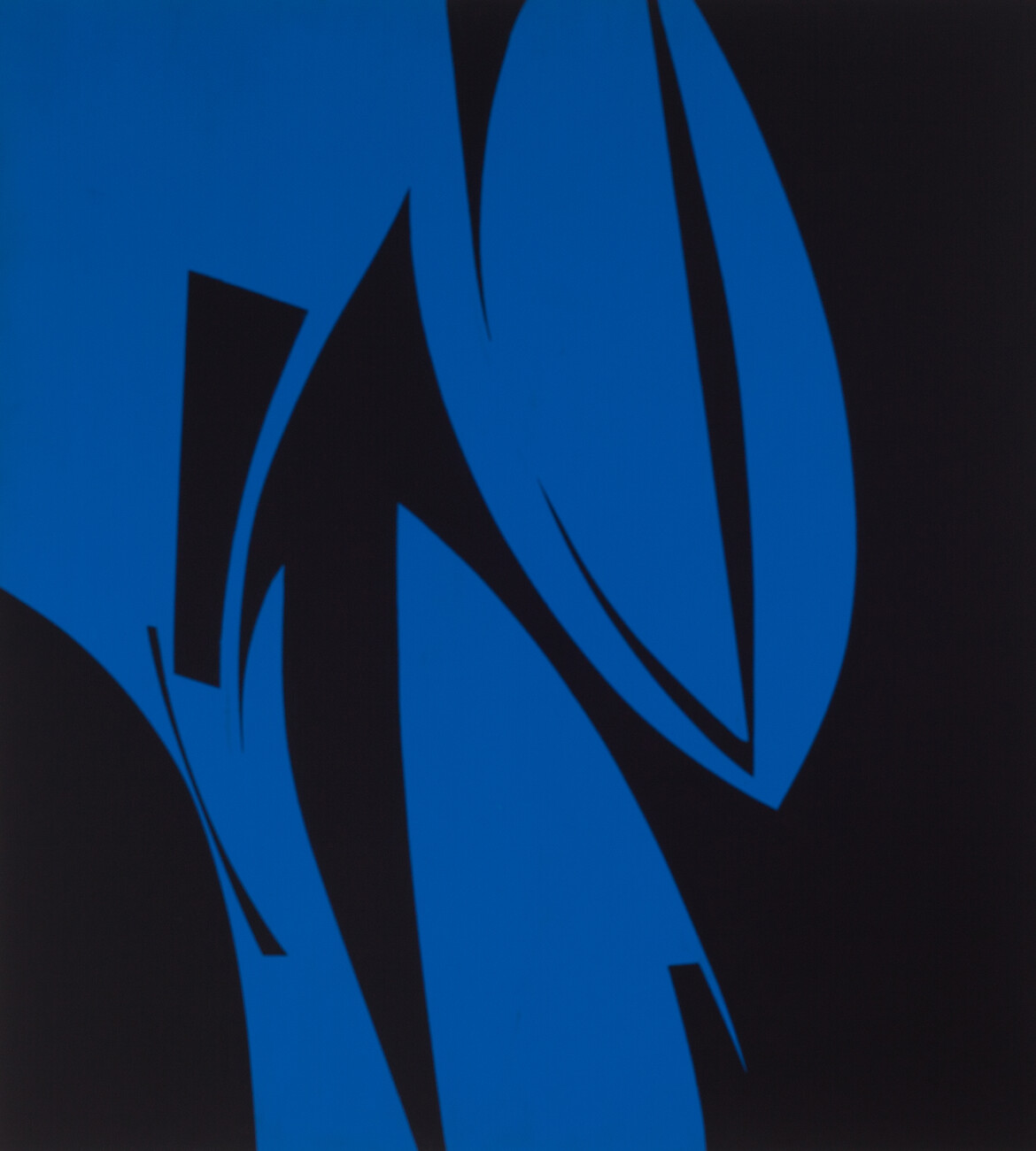 black painting with blue interlocking shapes