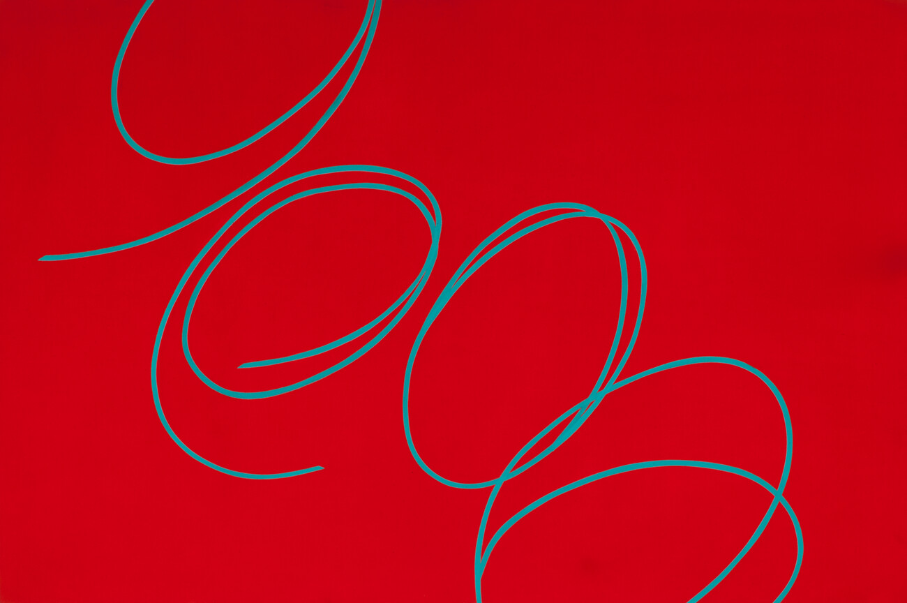 red painting with blue looping lines